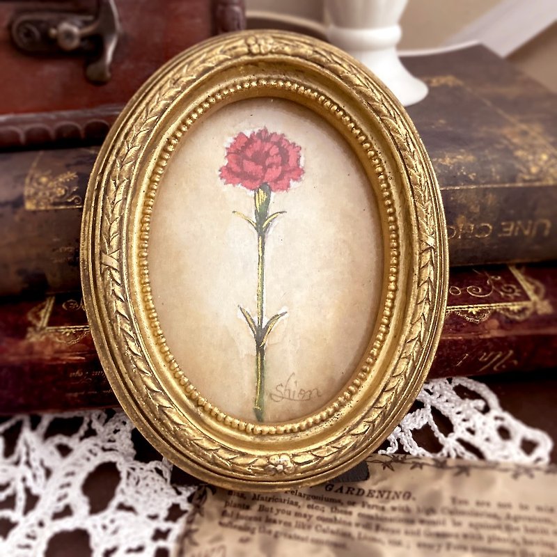 Small painting of carnations Red C / Flower lover Yasuno Kaori Mother's Day Painting Antique style Antique Interior decoration - โปสเตอร์ - กระดาษ สีแดง