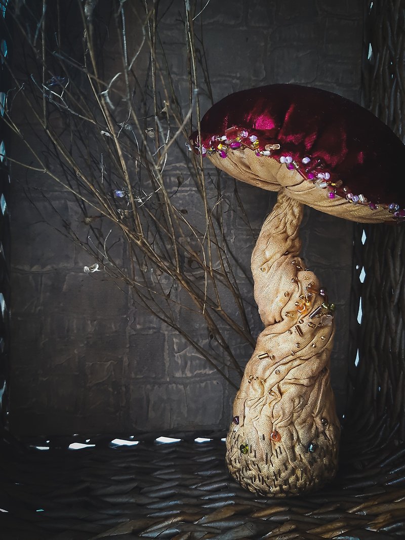 Mushroom Sculpture burgundy beaded .Soft textile burgundy christmas mushroom. - Stuffed Dolls & Figurines - Cotton & Hemp Red