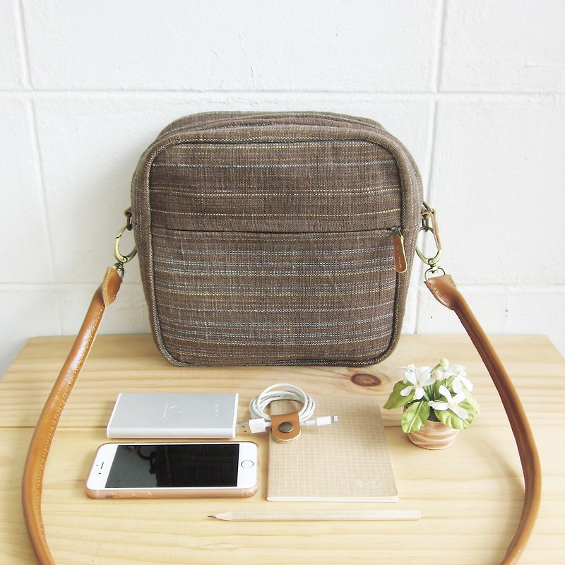 Cross-body Bags Little Tan Extra Bags Hand Woven and Botanical Dyed Cotton Brown-Blue Color - Messenger Bags & Sling Bags - Cotton & Hemp Brown