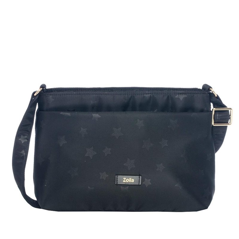 Double-layer crossbody bag (starry sky black)_portable side shoulder crossbody_can hold a long clip_multiple compartments - กระเป๋าแมสเซนเจอร์ - เส้นใยสังเคราะห์ สีดำ