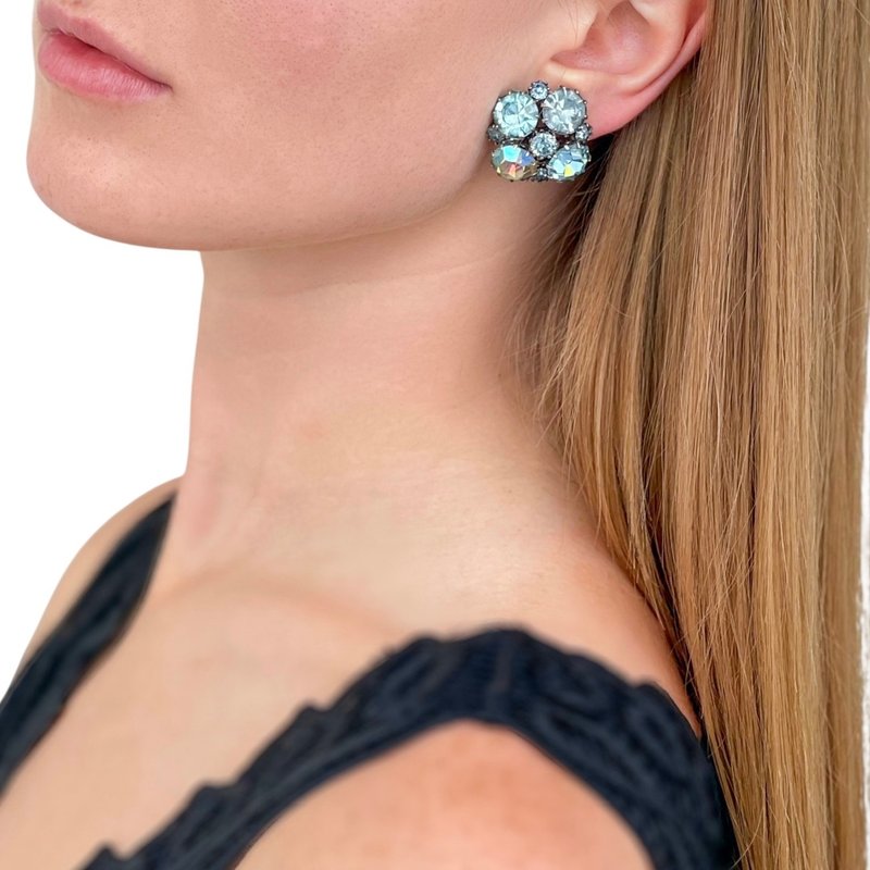 Vintage KARU Arke 1950s Clip-On Earrings Blue signed antique USA gift idea - 耳環/耳夾/耳骨夾 - 其他金屬 藍色