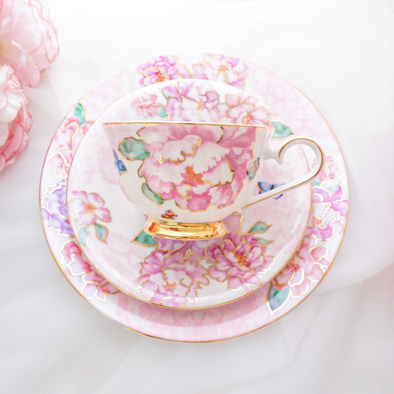 Gorgeous Peony Trio Set - Real Gold Finish - - Teapots & Teacups - Pottery Gold