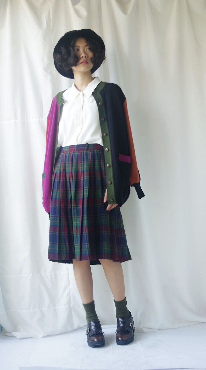 4.5studio- Japan Shimokitazawa vintage red X green plaid wool pleated skirt student - กระโปรง - ขนแกะ สีแดง