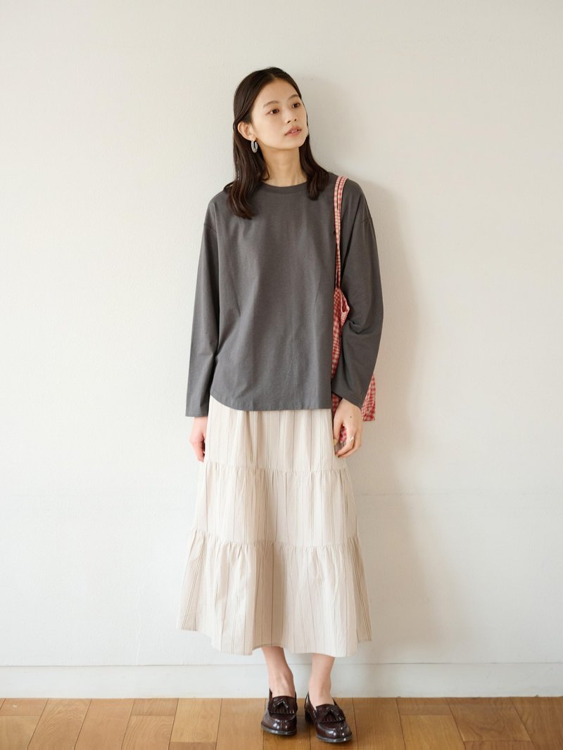 KOOW Concave and convex texture washed cotton striped skirt Japanese cake skirt - กระโปรง - ผ้าฝ้าย/ผ้าลินิน สีกากี