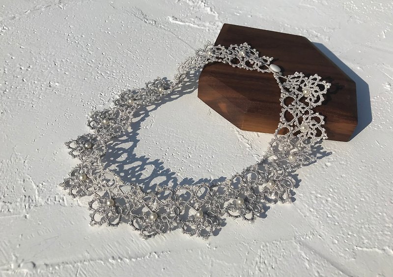 tatted lace necklace (grey color) / gift / Swarovski crystal pearl / customize - สร้อยคอ - ผ้าฝ้าย/ผ้าลินิน สีเทา