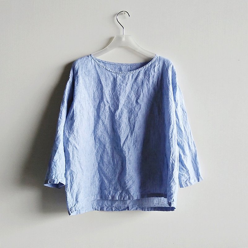 Feliz & Recap [Flax seven-point shirt] Flax blue and white stripes - เสื้อผู้หญิง - ผ้าฝ้าย/ผ้าลินิน หลากหลายสี