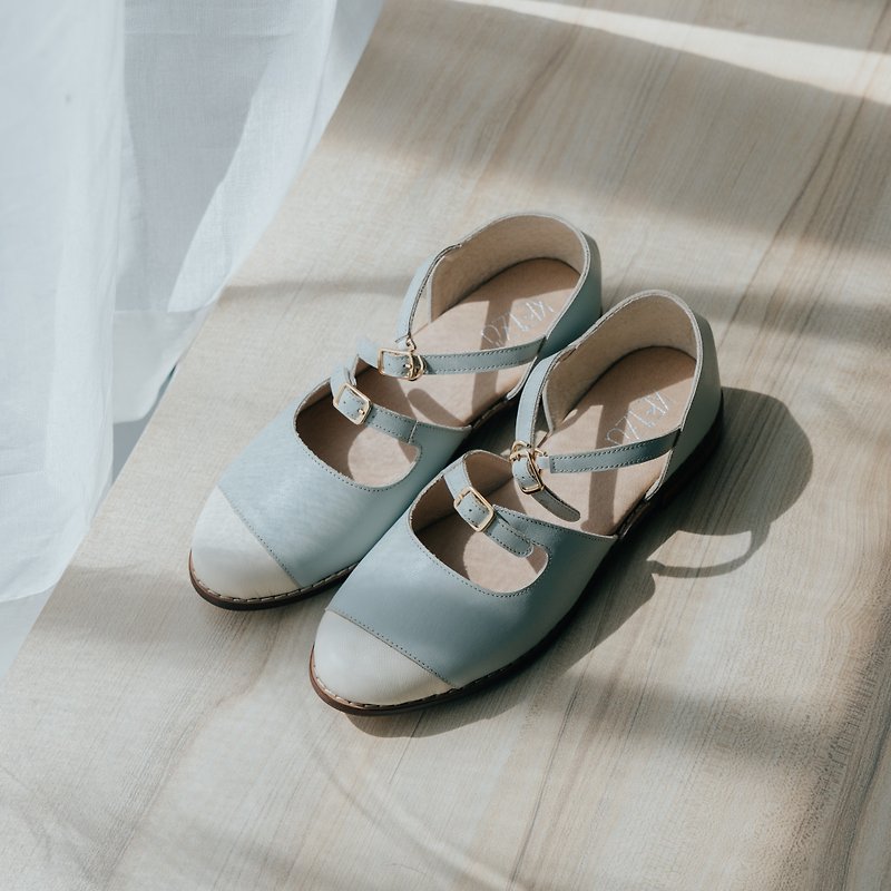 Afternoon at Champs | Cow leather double lace stitching Mary Jane | Mint green | Taiwan handmade shoes MIT - รองเท้ารัดส้น - หนังแท้ สีเขียว