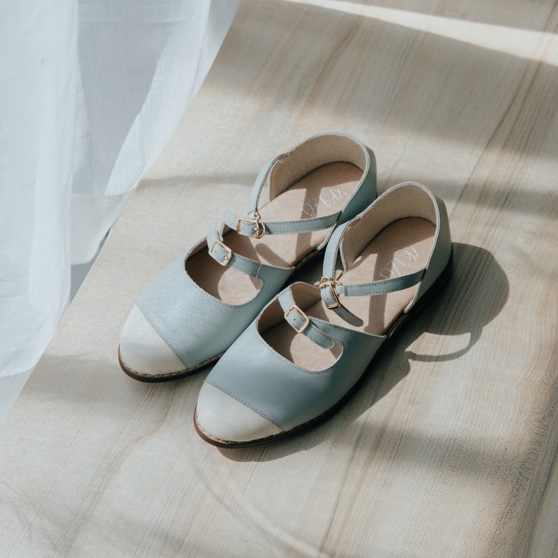 Afternoon at Champs | Cow leather double lace stitching Mary Jane | Mint green | Taiwan handmade shoes MIT - Sandals - Genuine Leather Green