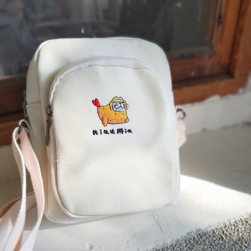 蔦咪啊 刺繡圖案中型帆布包 斜背包 (米白) / 蝦豹 海豹 炸蝦 - 側背包/斜背包 - 棉．麻 白色