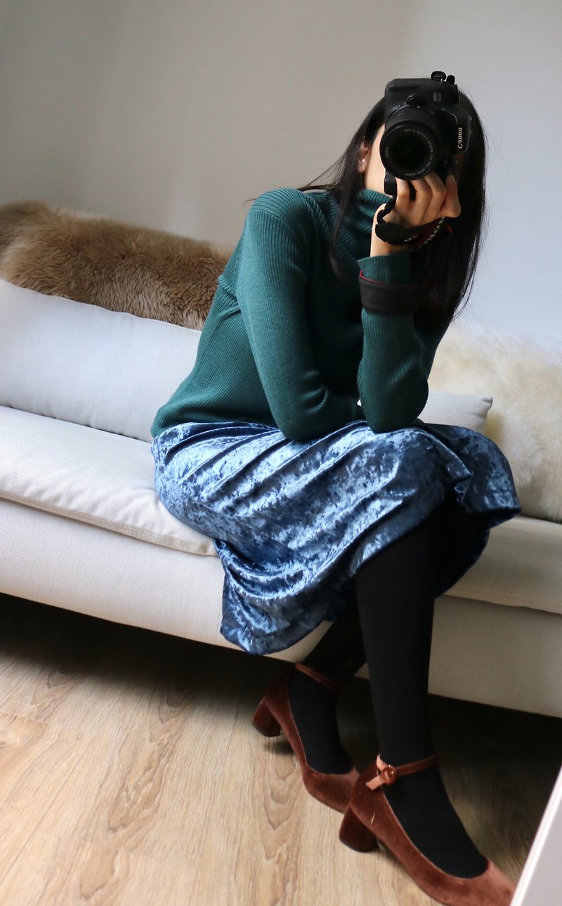 KASUMI TOP - JAPANESE VINTAGE 孔雀綠高領針織細羅紋貼身毛衣 - 毛衣/針織衫 - 其他材質 綠色
