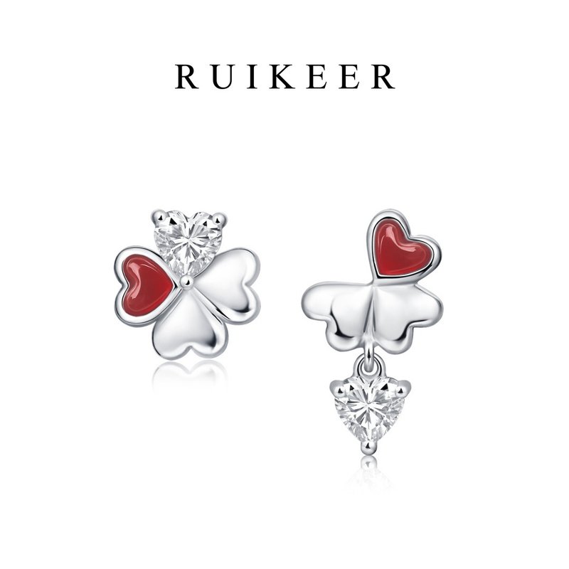 925純銀鍍白金天然紅瑪瑙四葉草愛心不對稱耳環 - 耳環/耳夾/耳骨夾 - 純銀 紅色