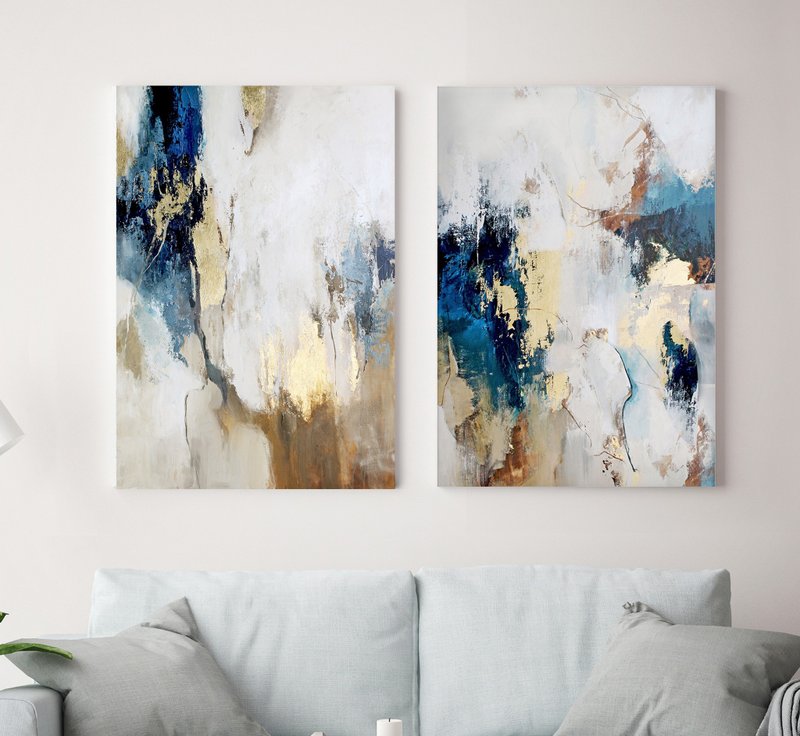 Blue and Gold Abstract Painting | Set of 2 Abstract Paintings | Flow Set - 壁貼/牆壁裝飾 - 棉．麻 藍色