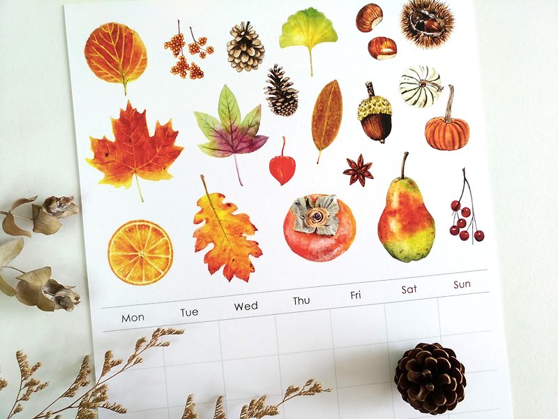 Autumn and Winter Watercolor Illustration Calendars without Date - Calendars - Paper Multicolor