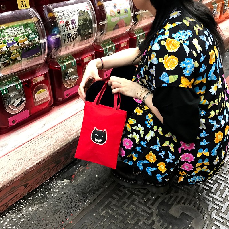 Handmade / Canvas Tote Bag / Eco Bag / Beverage Bag / Doodle Cat / Red / On Sale - กระเป๋าถือ - ผ้าฝ้าย/ผ้าลินิน สีแดง