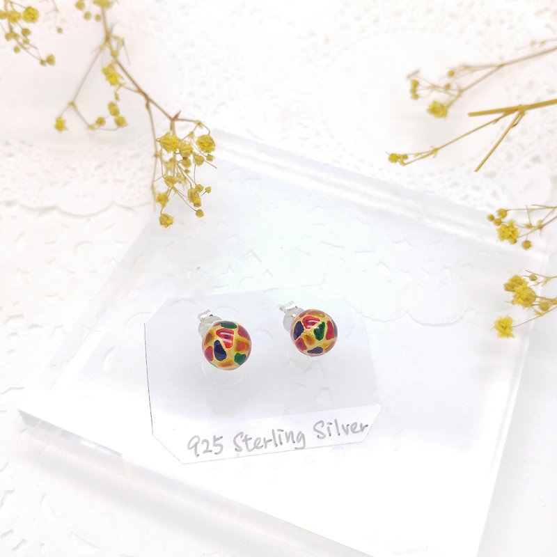 Glass-painted Sterling Silver earrings 8mm Mini size - Earrings & Clip-ons - Glass Multicolor