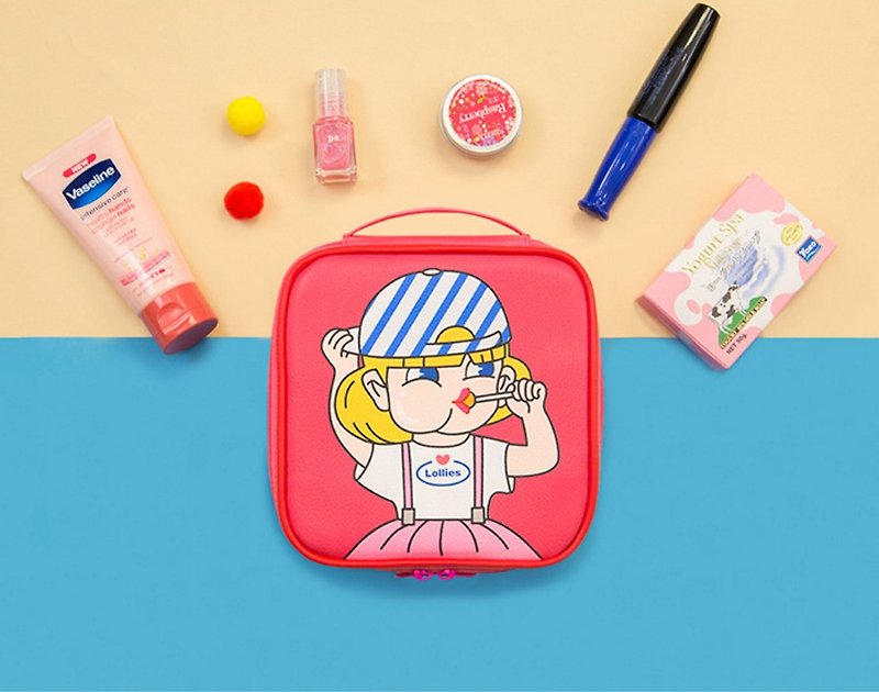 Bentoy x Lollipop-Square Large Capacity Cosmetic Bag (Red) - กระเป๋าเครื่องสำอาง - เส้นใยสังเคราะห์ 