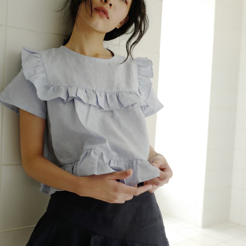 Ruffle Blouse - 女上衣/長袖上衣 - 棉．麻 灰色