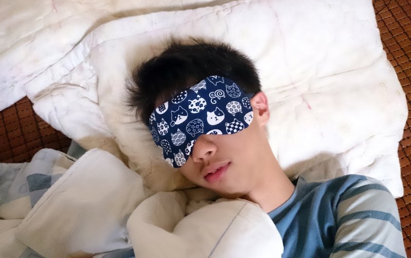 深藍底貓  可調式 睡眠眼罩 紅豆溫敷眼罩 mask - 眼罩 - 棉．麻 藍色