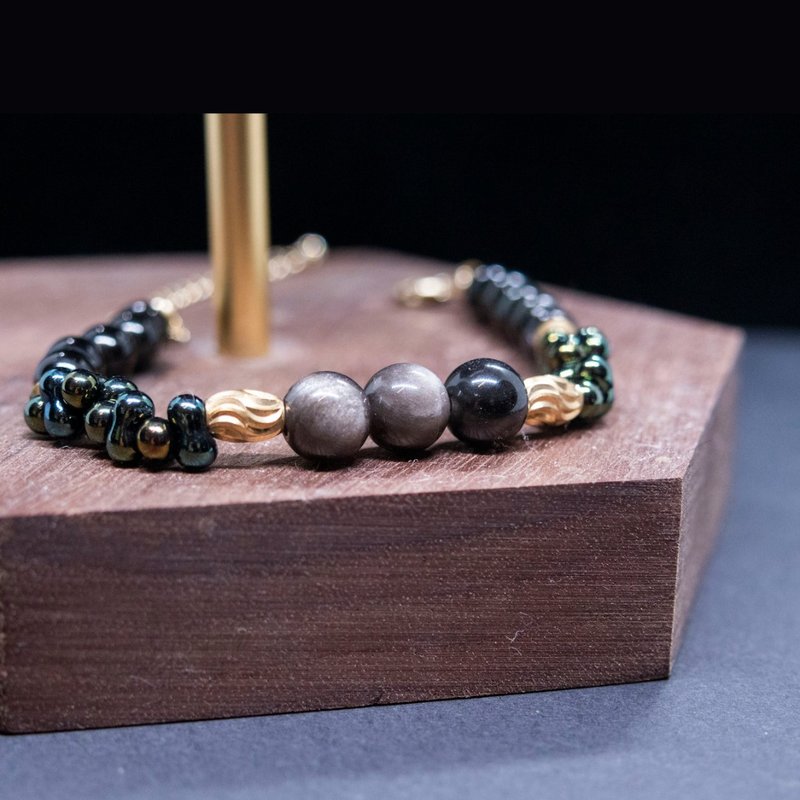 【Black Sea】Silver Sheen Obsidian with Obsidian Bracelet - สร้อยข้อมือ - คริสตัล 