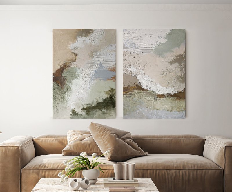 Abstract beige sage green gray painting canvas | Biege Fjord Set - 壁貼/牆壁裝飾 - 棉．麻 綠色
