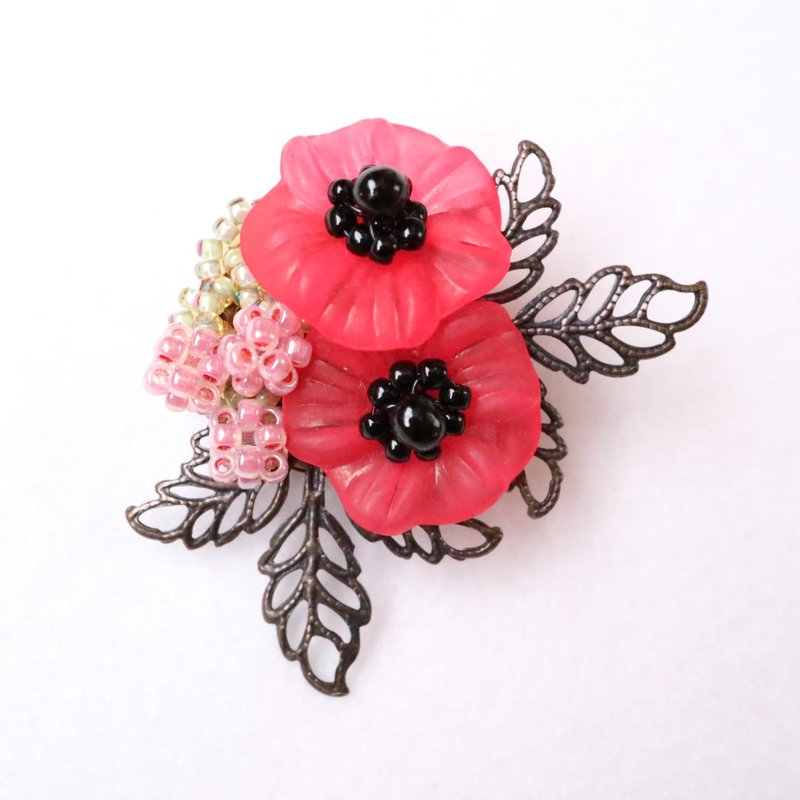 Anemone Brooch Red Delicate Lace Flower lover Small Small Small Small Cute Casual Seed Beads Tegs Knitting - Brooches - Glass Red