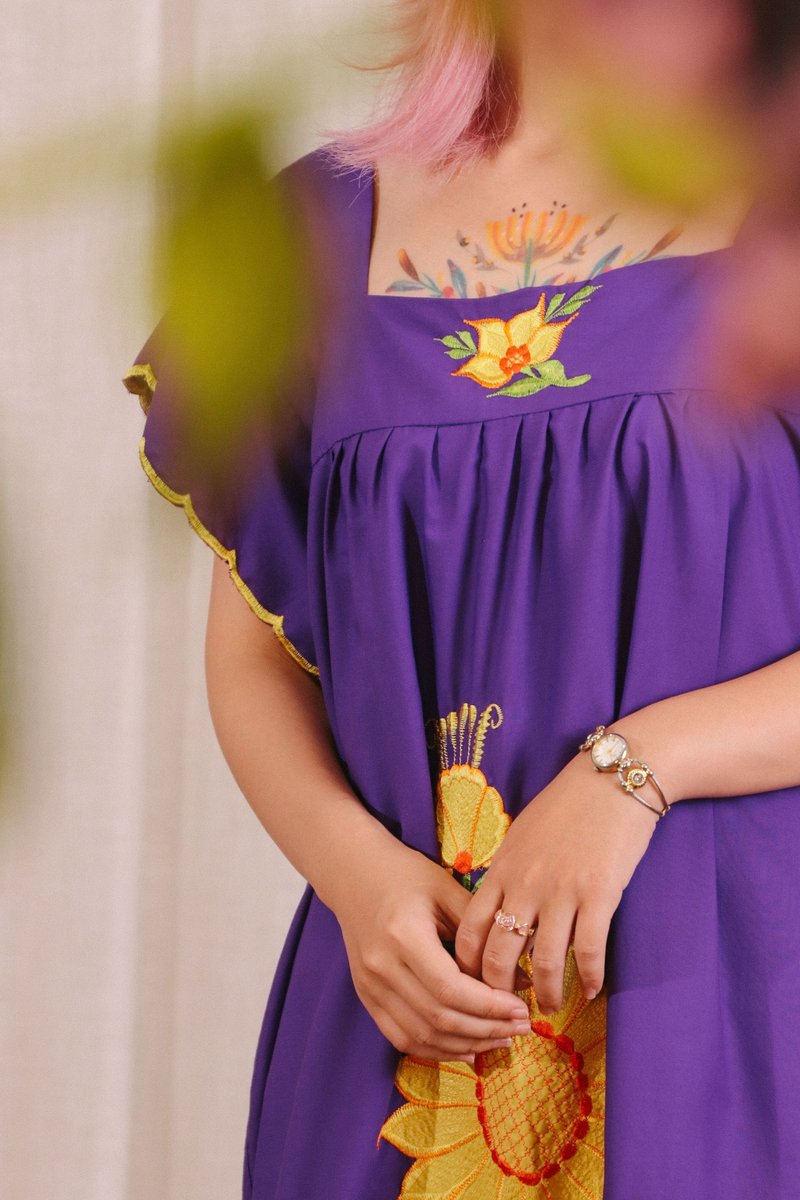 Tsubasa.Y│Mexico Embroidered Dress A10 Purple Yellow Flower Embroidered Vintage Dress Traditional - ชุดเดรส - ผ้าฝ้าย/ผ้าลินิน สีม่วง