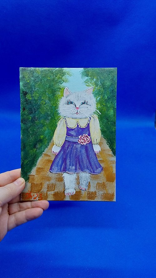 CosinessArt Funny Cat #4 Pet Painting Small Picture Funny Animals Original Wall Painting