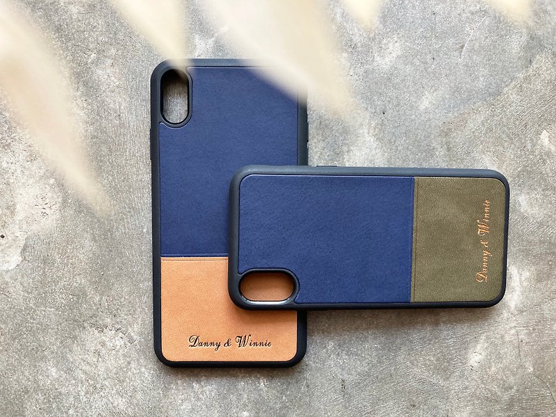 Color block leather phone case material bag iPhone15 Plus Xs Max XR hot stamping and embossed wording DIY - เครื่องหนัง - หนังแท้ สีน้ำเงิน
