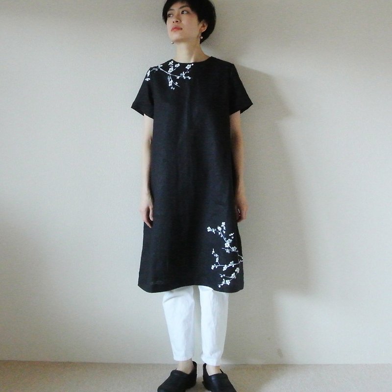 Linen/ short sleeve dress black white plum - One Piece Dresses - Cotton & Hemp Black
