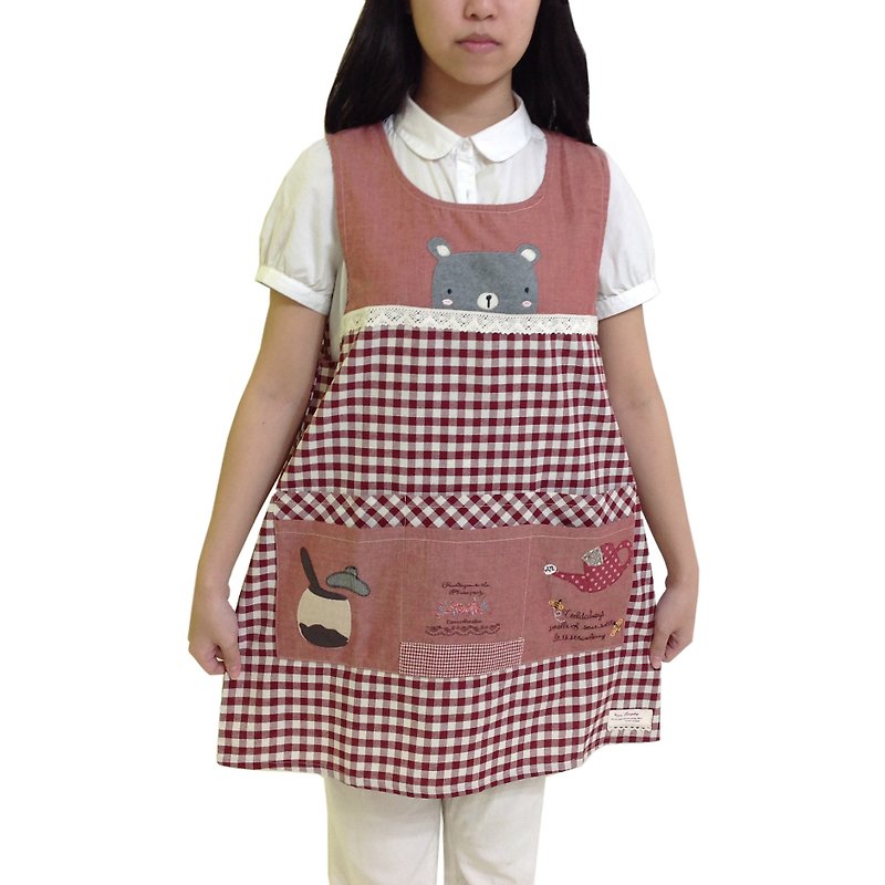 [BEAR BOY] Japanese style 6 pocket blush bear-red - Aprons - Other Materials 