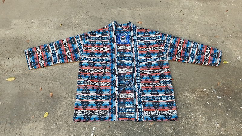 AMIN'S SHINY WORLD handmade KIMONO blue totem jacquard full version blouse coat - Men's Coats & Jackets - Cotton & Hemp Multicolor