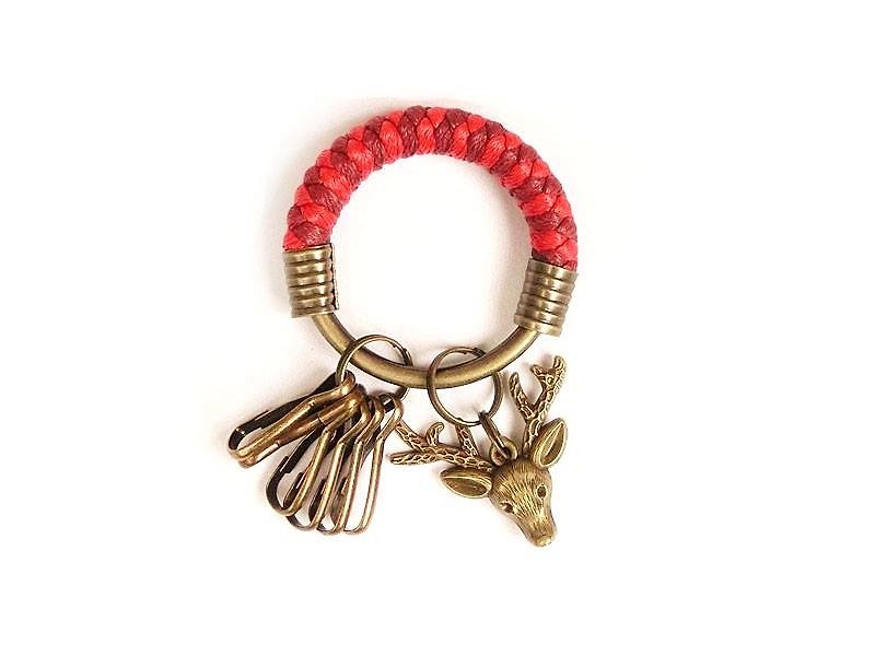 【UNA-優娜手作】鑰匙圈(小)5.3CM 紅色＋酒紅色＋馴鹿頭 手工 編織 腊繩 鐵環 客製化 - 鑰匙圈/鎖匙扣 - 其他金屬 紅色