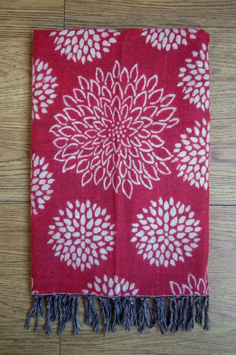 Hand woven Ethinic Shawl / Scarf / Blanket Flower Red - Knit Scarves & Wraps - Other Materials Red