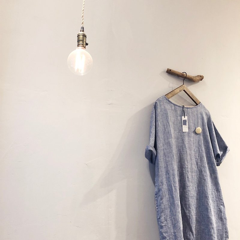 R.H. clothes / 日本亞麻布寬洋裝 / 混織藍色 / 附綁帶