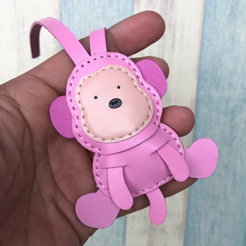 Healing small things pink cute monkey hand-sewn leather charm small size - พวงกุญแจ - หนังแท้ สึชมพู