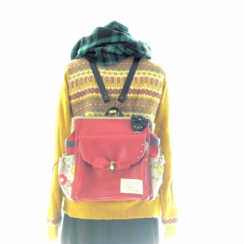 3WAY Rucksack full set with ribbon brooch Nostalgia Red - Backpacks - Genuine Leather Red