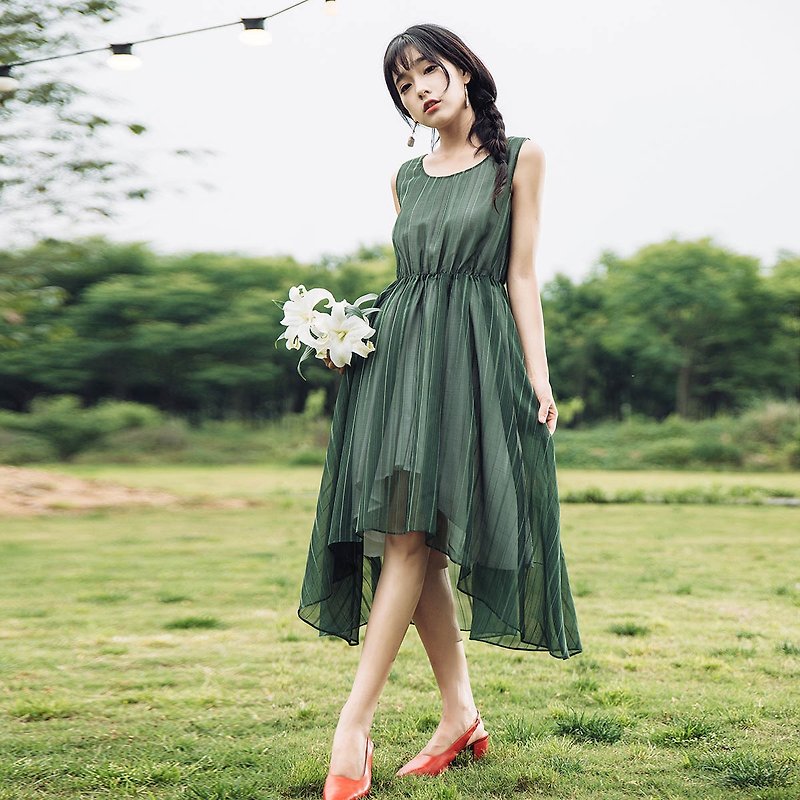 安妮陳2017夏裝新款女士松緊腰不規則連身裙洋裝 - 洋裝/連身裙 - 聚酯纖維 綠色