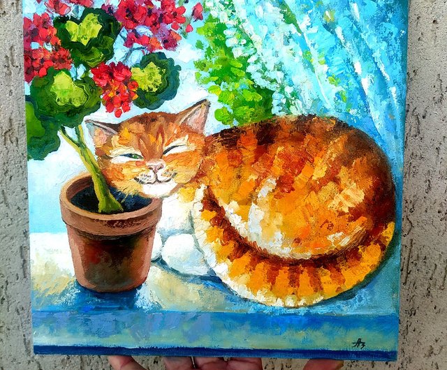 猫の絵ゼラニウムオリジナルアート眠っている猫の花ペットポートレートオイルパネル - ショップ AZA-Art ポスター・絵 - Pinkoi