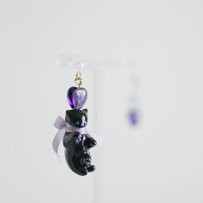 |One Horned Forest | Dark Purple Magic Wand-Little Black Cat Earrings/ Clip-On - ต่างหู - ดินเหนียว 