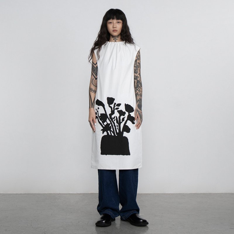 Abstract Print Dress 抽象花卉印花抽繩洋裝 - 洋裝/連身裙 - 其他材質 白色