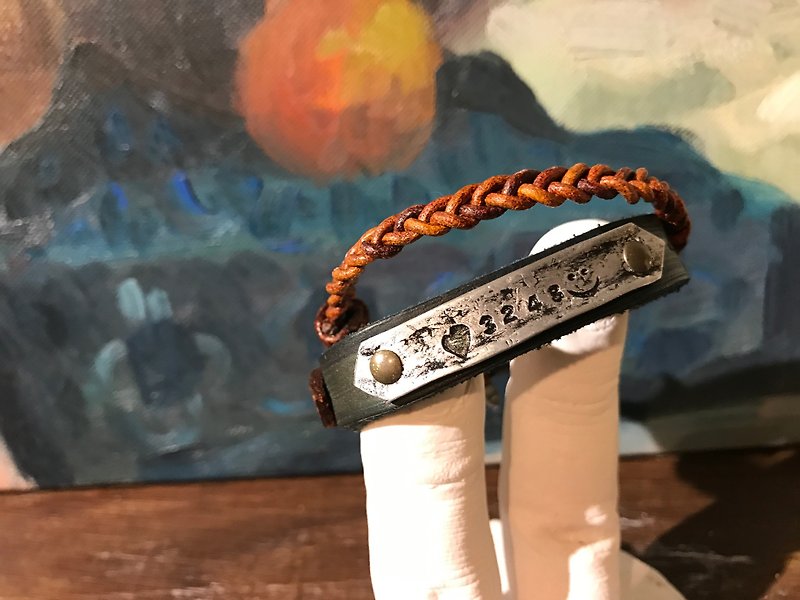 Atwill. Hand-painted cow leather x tendon woven x alloy lettering leather bracel - Bracelets - Genuine Leather Brown