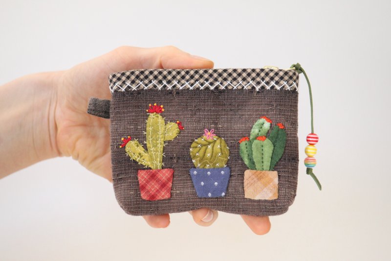 Quilted Small Cosmetic Bag made in Japanese patchwork style with Cactuses - Toiletry Bags & Pouches - Other Materials Multicolor