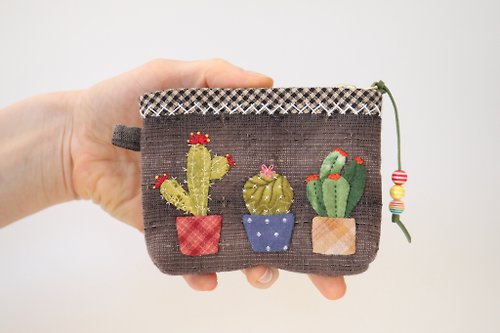 BeePatchwork Quilted Small Cosmetic Bag made in Japanese patchwork style with Cactuses
