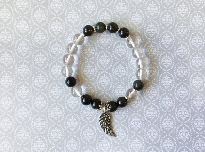 【Lucifer】Obsidian white crystal sterling silver bracelet - สร้อยข้อมือ - คริสตัล 