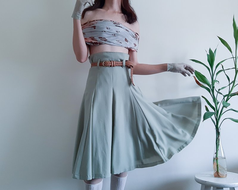 Vintage 70s Green Wool High Waist Skirt Womens Flared skirt Size S Waist 27 inch - กระโปรง - ขนแกะ สีเขียว