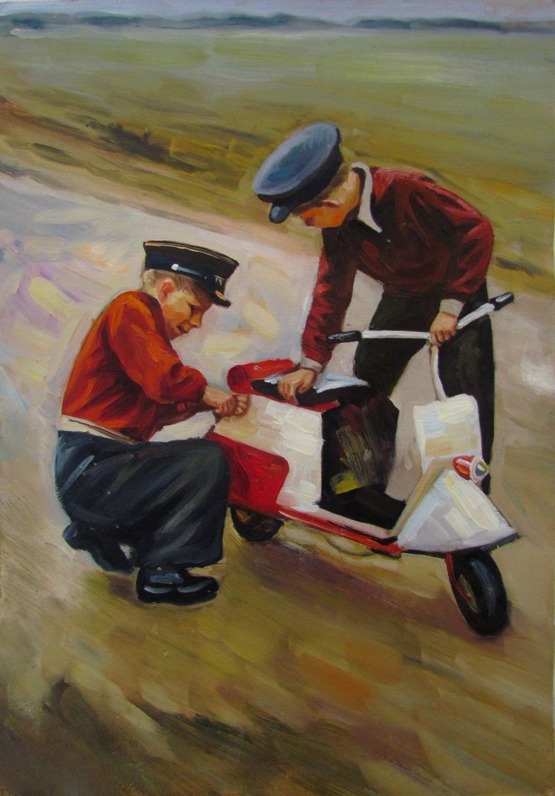 Two boys and a scooter, Red moped painting, Moped Wall Art, Motor Scooter Art - ภาพวาดบุคคล - วัสดุอื่นๆ 