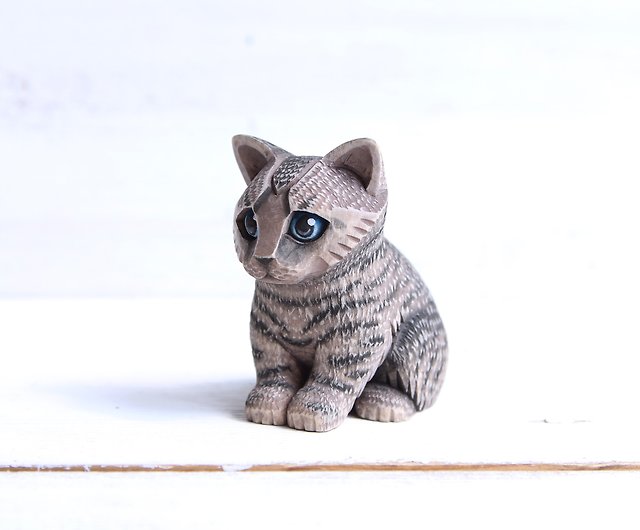 かわいい子猫の置物木彫り猫好きギフトウッドアート木猫リンデン