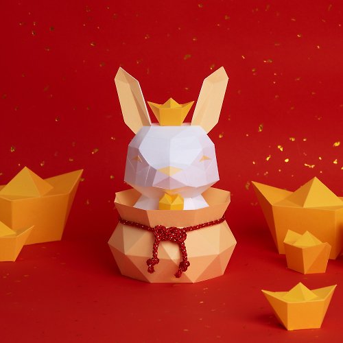 盒紙動物 BOX ANIMAL - 台灣原創紙模設計開發 3D紙模型-DIY動手做-節日系列-滿財兔寶盆-兔年 招財