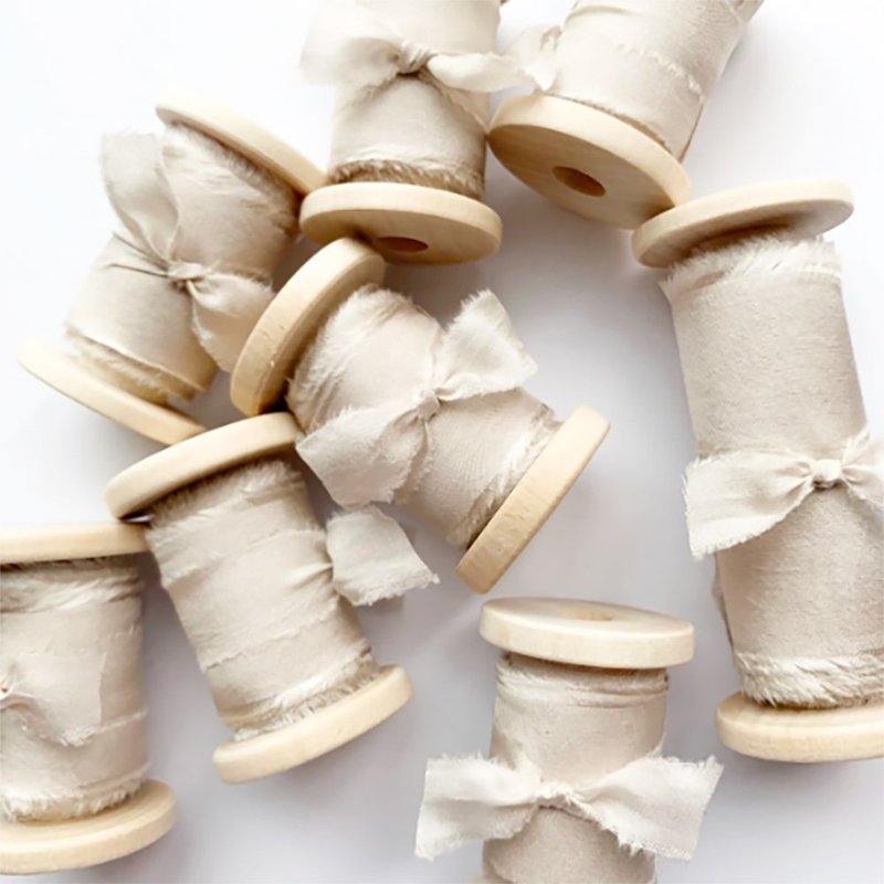 Antique White Silk Ribbon / Hand Dyed Silk ribbon on Wood Spool - วัสดุห่อของขวัญ - ผ้าไหม ขาว