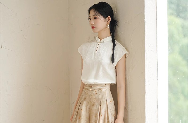 New Chinese retro Chinese style artistic buttoned pleated top/straight pants - Women's Pants - Other Materials White